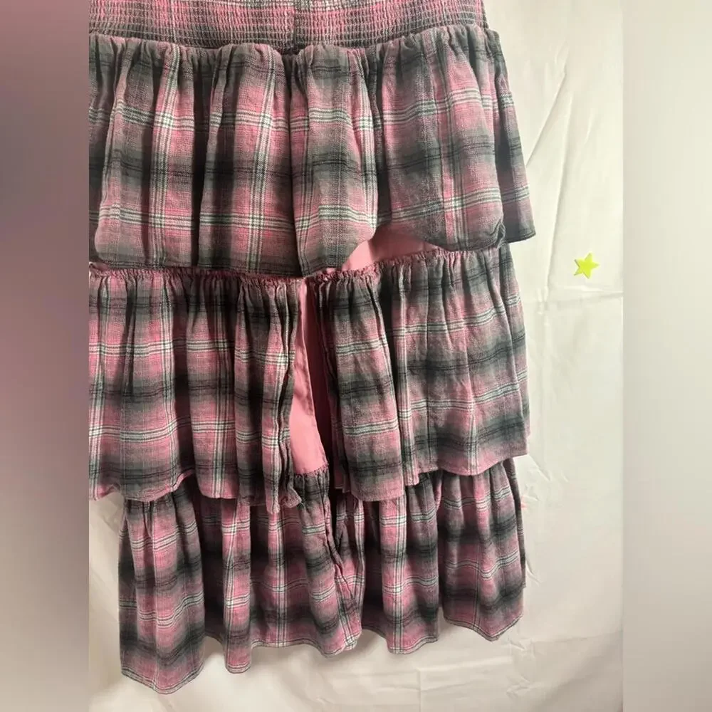 Revolve LIKELY Grey Pink Plaid Ruched Tiered 90’s Babydoll Grunge Midi Skirt M/L